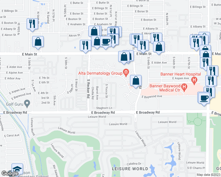 map of restaurants, bars, coffee shops, grocery stores, and more near 303 South Recker Road in Mesa