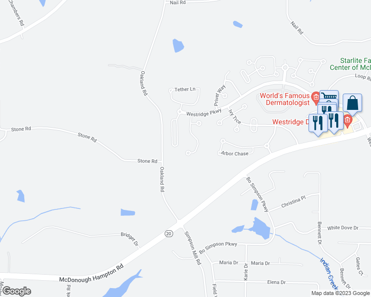 map of restaurants, bars, coffee shops, grocery stores, and more near 1566 Rolling Meadows Drive in McDonough