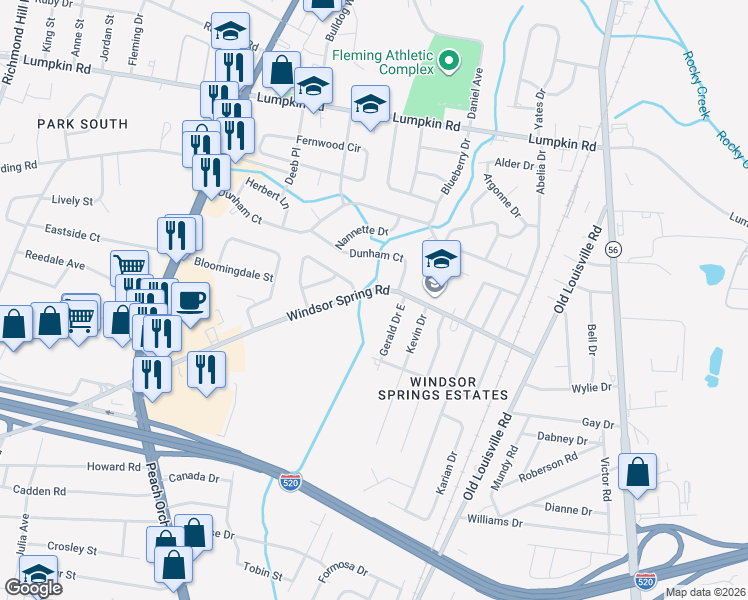 map of restaurants, bars, coffee shops, grocery stores, and more near 1902 Windsor Spring Rd in Augusta