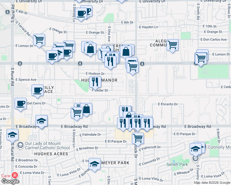 map of restaurants, bars, coffee shops, grocery stores, and more near 1611 East Cedar Street in Tempe