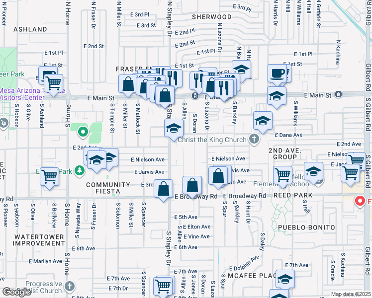 map of restaurants, bars, coffee shops, grocery stores, and more near 219 South Allen in Mesa