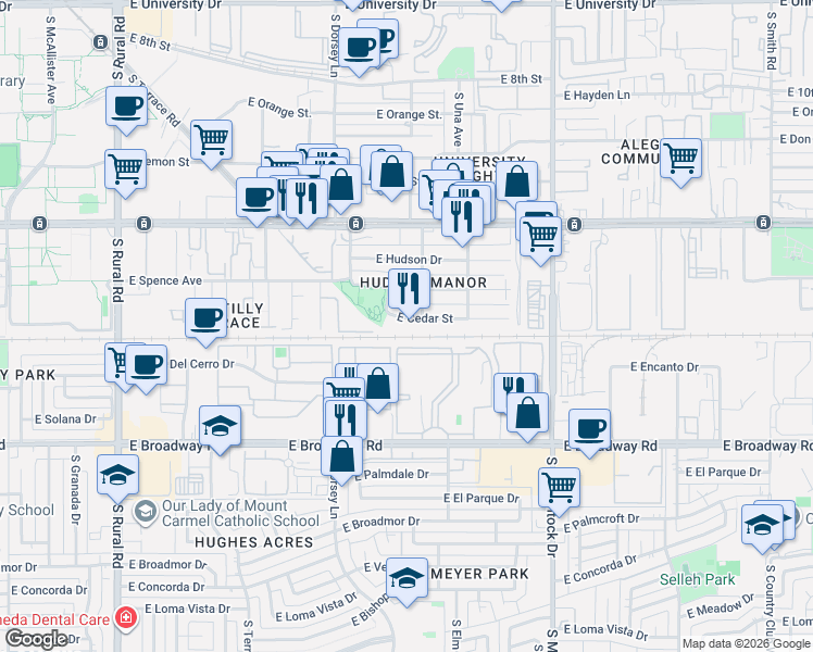 map of restaurants, bars, coffee shops, grocery stores, and more near 1443 East Cedar Street in Tempe