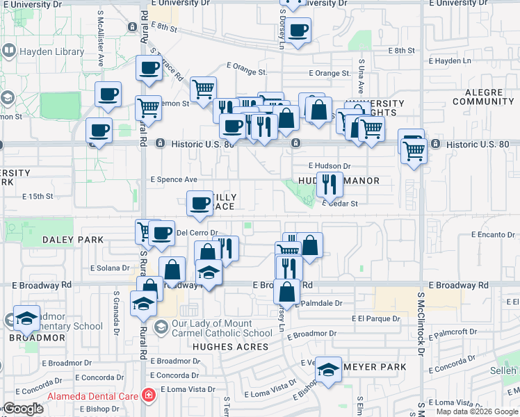 map of restaurants, bars, coffee shops, grocery stores, and more near 1446 South Stanley Place in Tempe
