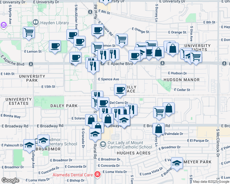 map of restaurants, bars, coffee shops, grocery stores, and more near 1474 South Jentilly Lane in Tempe