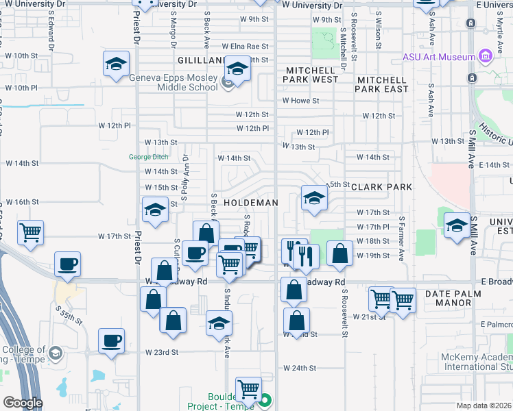 map of restaurants, bars, coffee shops, grocery stores, and more near 1002 West 17th Street in Tempe