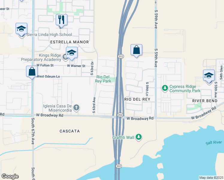map of restaurants, bars, coffee shops, grocery stores, and more near 6201 West Southgate Street in Phoenix