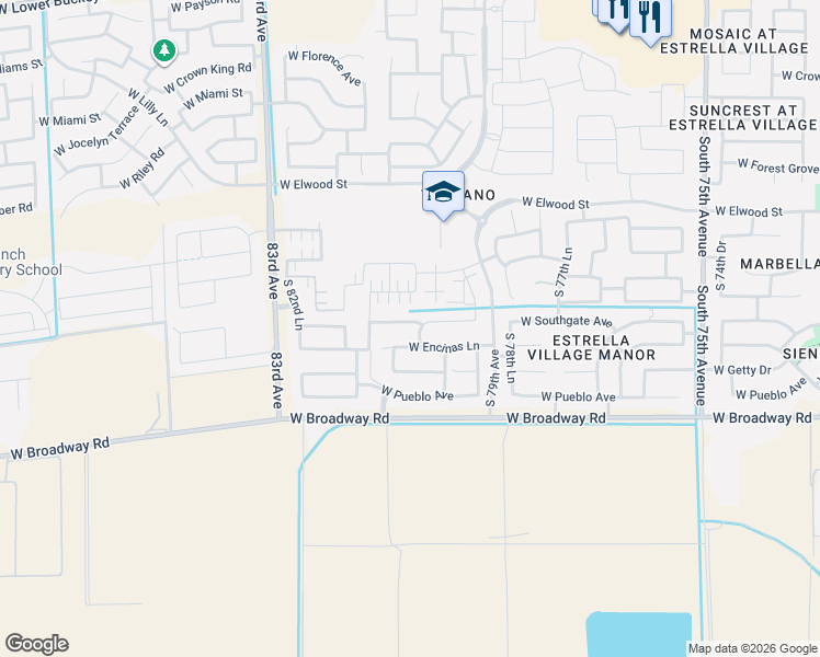 map of restaurants, bars, coffee shops, grocery stores, and more near 8020 West Encinas Lane in Phoenix