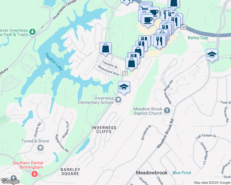 map of restaurants, bars, coffee shops, grocery stores, and more near 5251 Valleydale Road in Birmingham