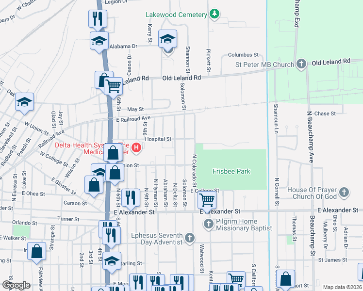 map of restaurants, bars, coffee shops, grocery stores, and more near 524 North Delta Street in Greenville