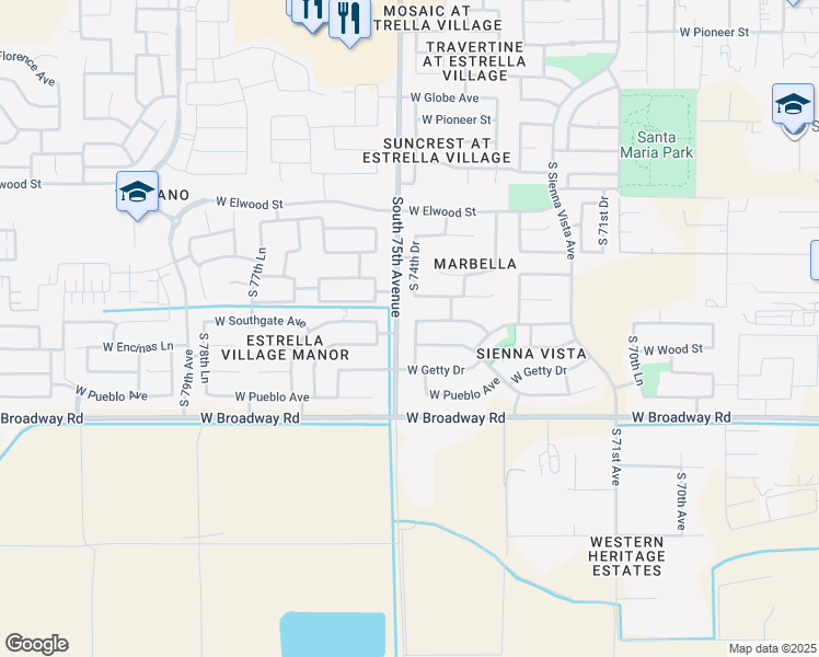 map of restaurants, bars, coffee shops, grocery stores, and more near 4014 South 74th Lane in Phoenix