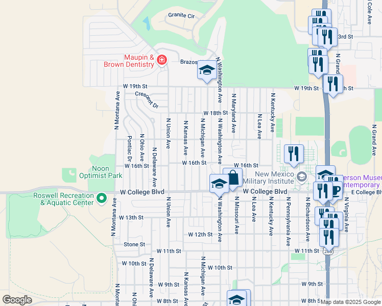 map of restaurants, bars, coffee shops, grocery stores, and more near 1600-1698 N Kansas Ave in Roswell