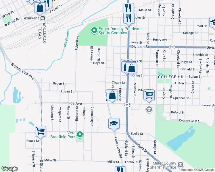 map of restaurants, bars, coffee shops, grocery stores, and more near 1018 Grim Street in Texarkana