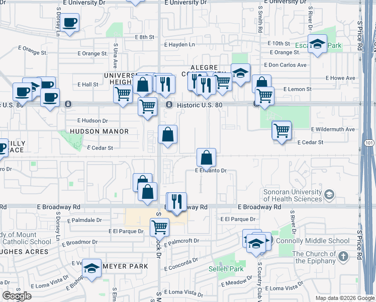 map of restaurants, bars, coffee shops, grocery stores, and more near 1831 East Apache Boulevard in Tempe