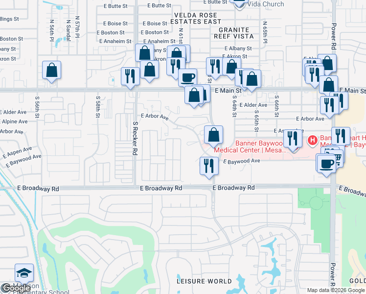map of restaurants, bars, coffee shops, grocery stores, and more near 303 South Recker Road in Mesa