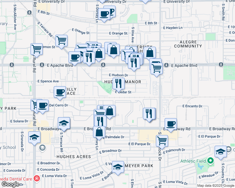 map of restaurants, bars, coffee shops, grocery stores, and more near 1443 East Cedar Street in Tempe