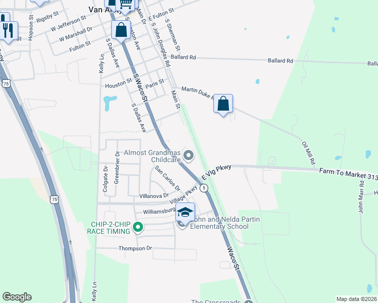 map of restaurants, bars, coffee shops, grocery stores, and more near 249 Cobb Street in Van Alstyne