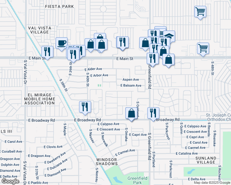 map of restaurants, bars, coffee shops, grocery stores, and more near 178 East Baywood Avenue in Mesa
