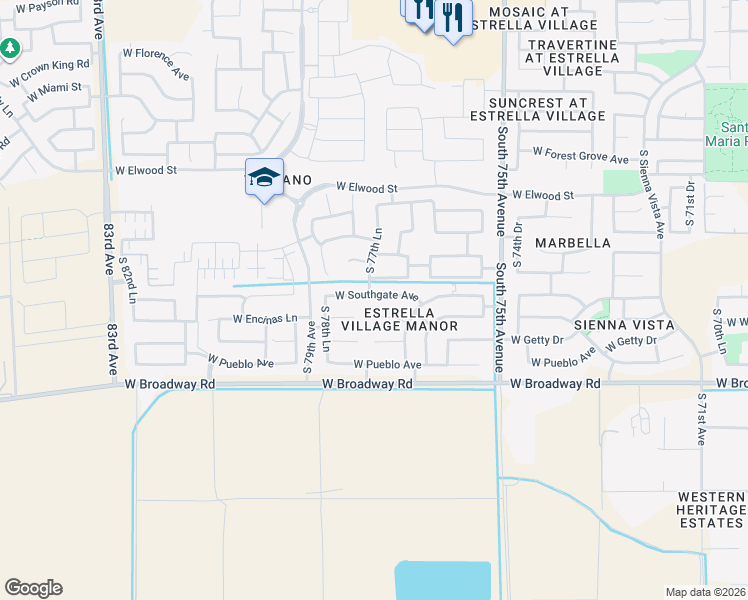 map of restaurants, bars, coffee shops, grocery stores, and more near 7724 West Encinas Lane in Phoenix