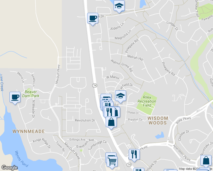 map of restaurants, bars, coffee shops, grocery stores, and more near 141 South Fairfield Drive in Peachtree City
