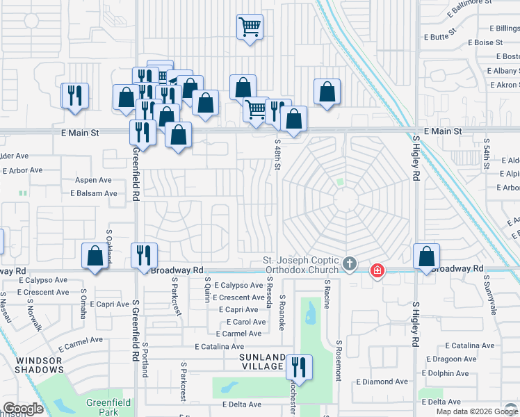 map of restaurants, bars, coffee shops, grocery stores, and more near Nectarine in Mesa