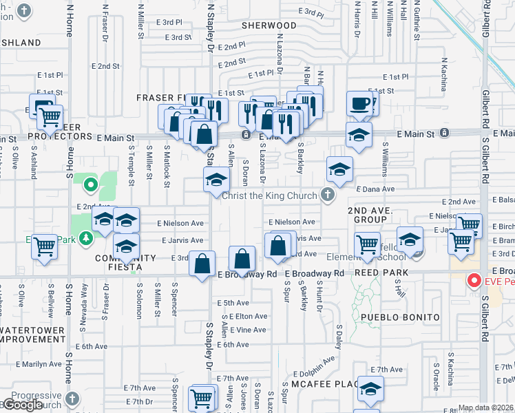map of restaurants, bars, coffee shops, grocery stores, and more near 226 South Lazona Drive in Mesa