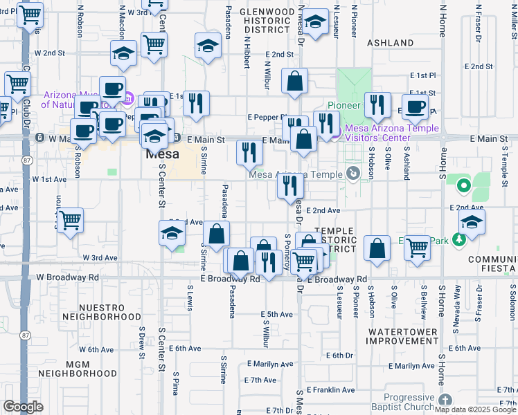 map of restaurants, bars, coffee shops, grocery stores, and more near 226 East 2nd Avenue in Mesa