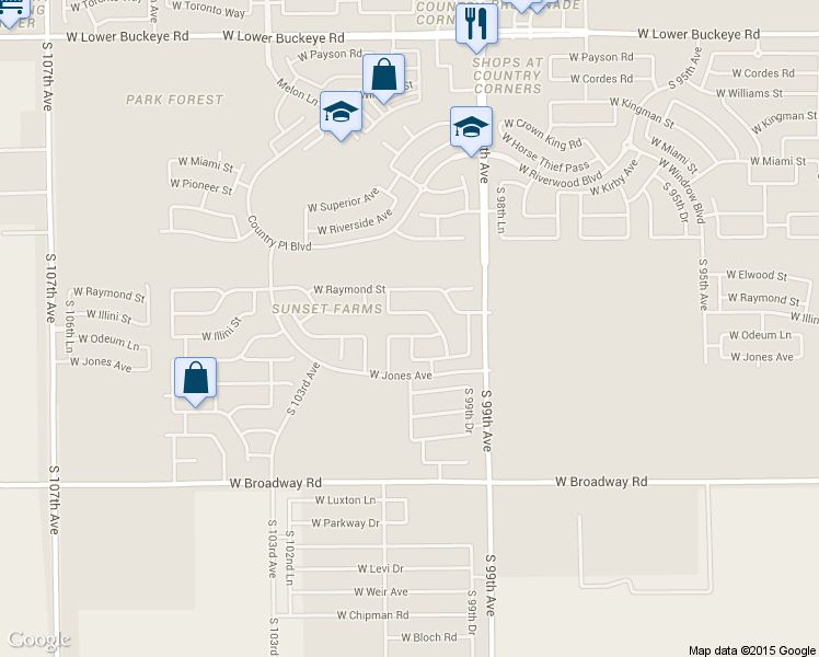 map of restaurants, bars, coffee shops, grocery stores, and more near 10021 West Albeniz Place in Tolleson