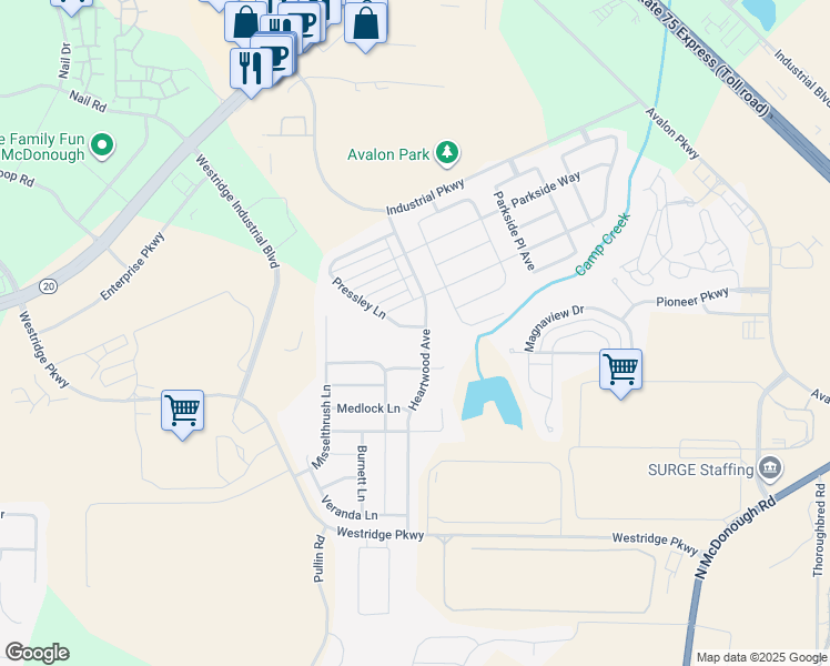 map of restaurants, bars, coffee shops, grocery stores, and more near 2503 Colin Place in McDonough