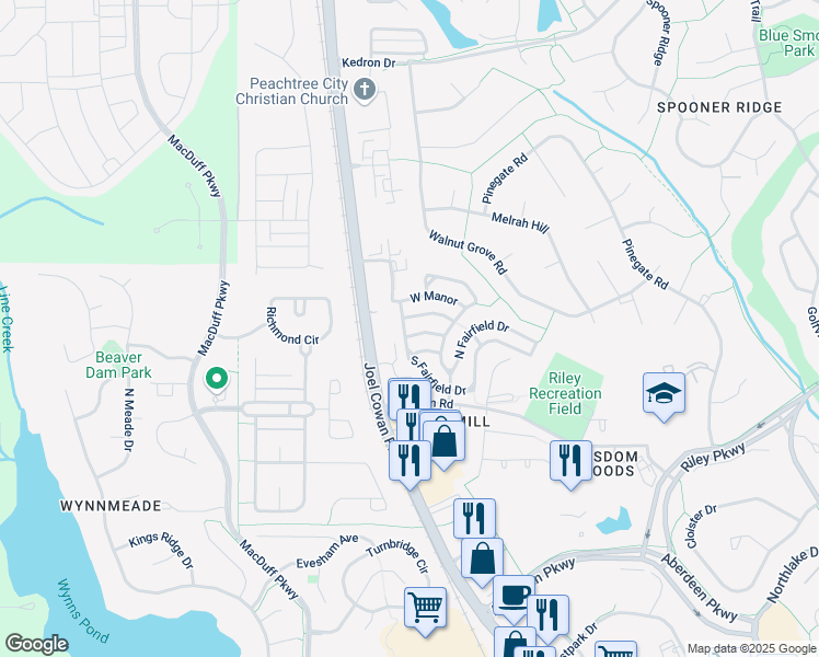 map of restaurants, bars, coffee shops, grocery stores, and more near 141 South Fairfield Drive in Peachtree City