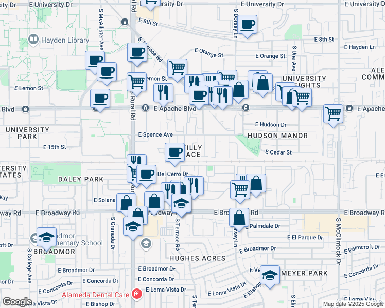 map of restaurants, bars, coffee shops, grocery stores, and more near 1131 East Cedar Street in Tempe
