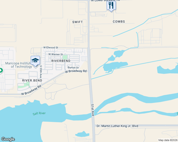 map of restaurants, bars, coffee shops, grocery stores, and more near S 51st Ave & W Broadway Rd in Phoenix