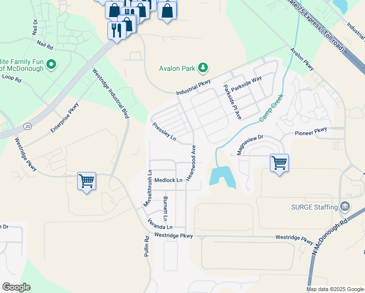 map of restaurants, bars, coffee shops, grocery stores, and more near 1586 Pressley Lane in McDonough