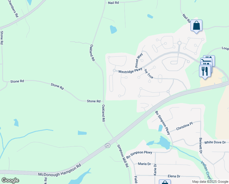 map of restaurants, bars, coffee shops, grocery stores, and more near 1740 Rising View Circle in McDonough