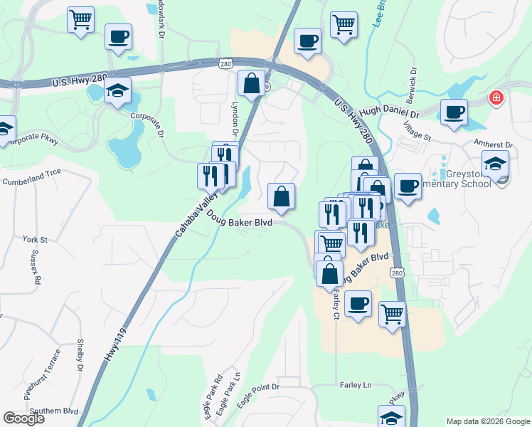 map of restaurants, bars, coffee shops, grocery stores, and more near Hunters Gate Drive in Birmingham