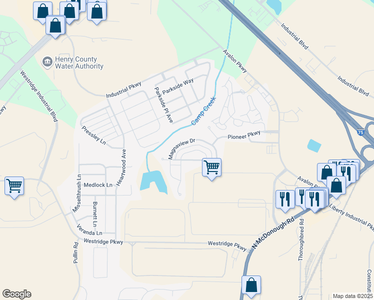 map of restaurants, bars, coffee shops, grocery stores, and more near 734 Galveston Way in McDonough