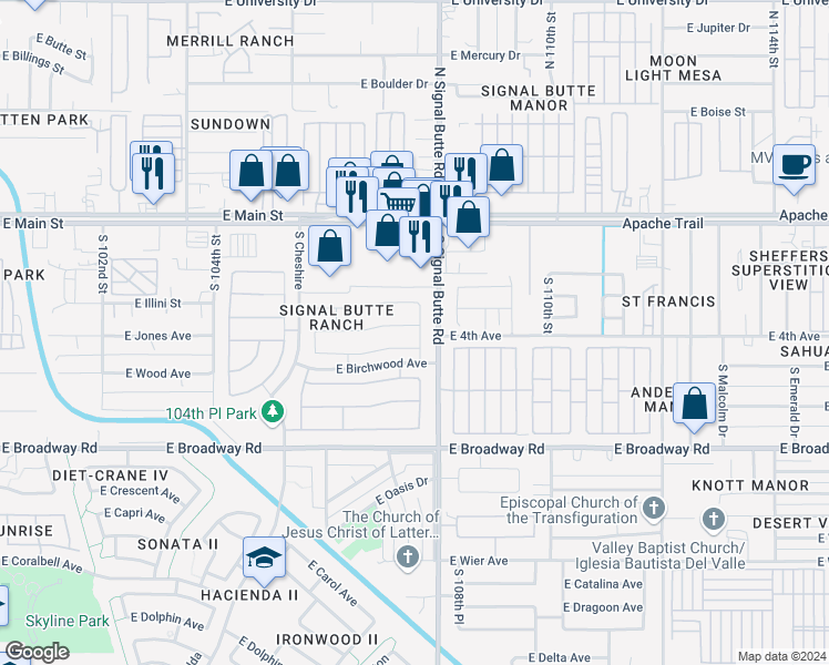 map of restaurants, bars, coffee shops, grocery stores, and more near 10739 East Ananea Avenue in Mesa