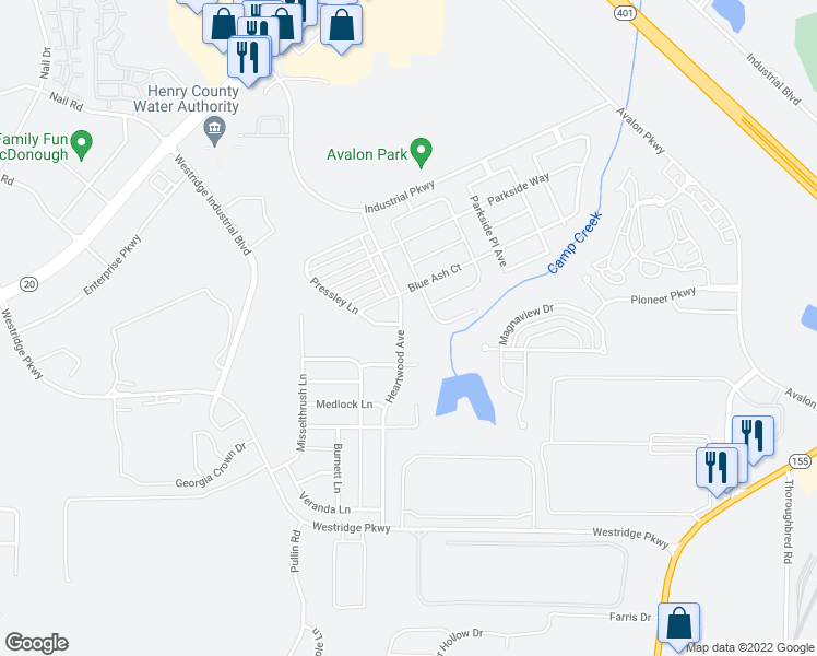 map of restaurants, bars, coffee shops, grocery stores, and more near 1251 Heartwood Avenue in McDonough
