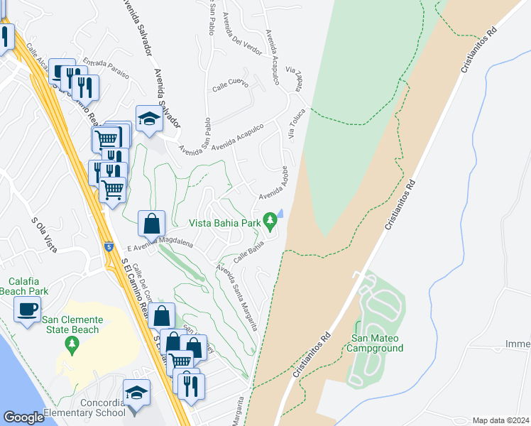 map of restaurants, bars, coffee shops, grocery stores, and more near 718 Calle Bahia in San Clemente