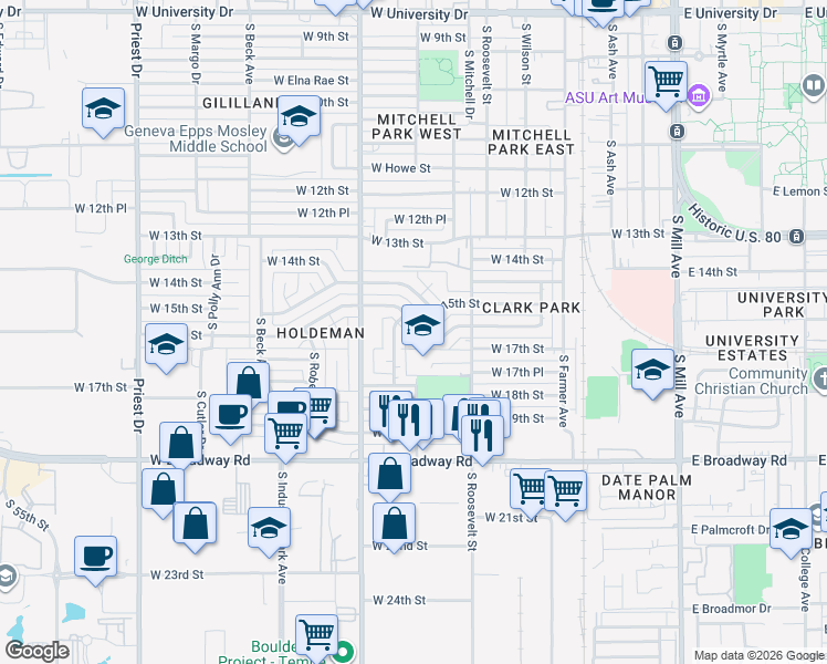 map of restaurants, bars, coffee shops, grocery stores, and more near 639 West 16th Street in Tempe