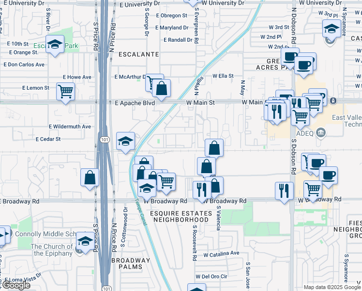 map of restaurants, bars, coffee shops, grocery stores, and more near Evergreen Apartment in Mesa