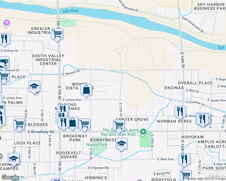 map of restaurants, bars, coffee shops, grocery stores, and more near 1024 East Jones Avenue in Phoenix