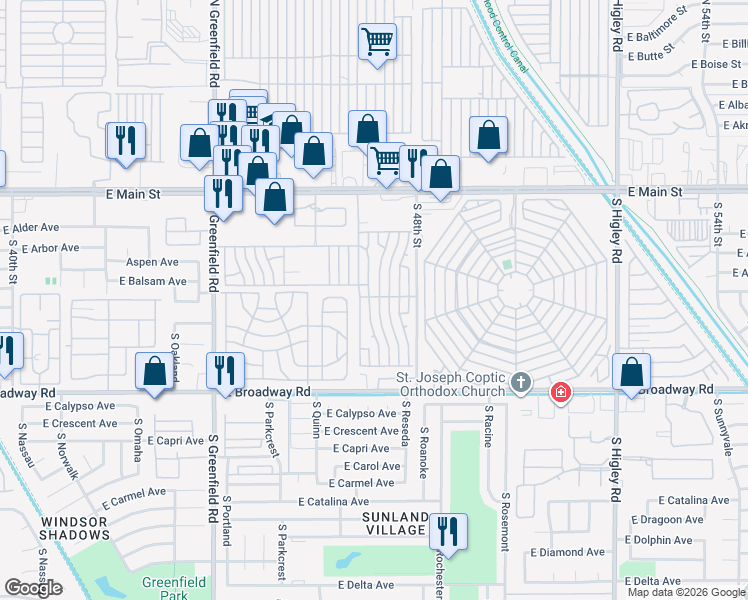 map of restaurants, bars, coffee shops, grocery stores, and more near Nectarine in Mesa