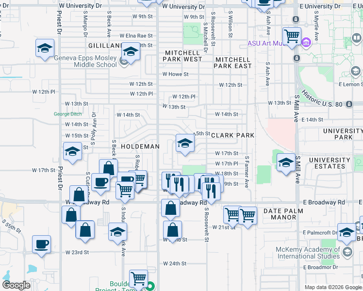 map of restaurants, bars, coffee shops, grocery stores, and more near 639 West 16th Street in Tempe