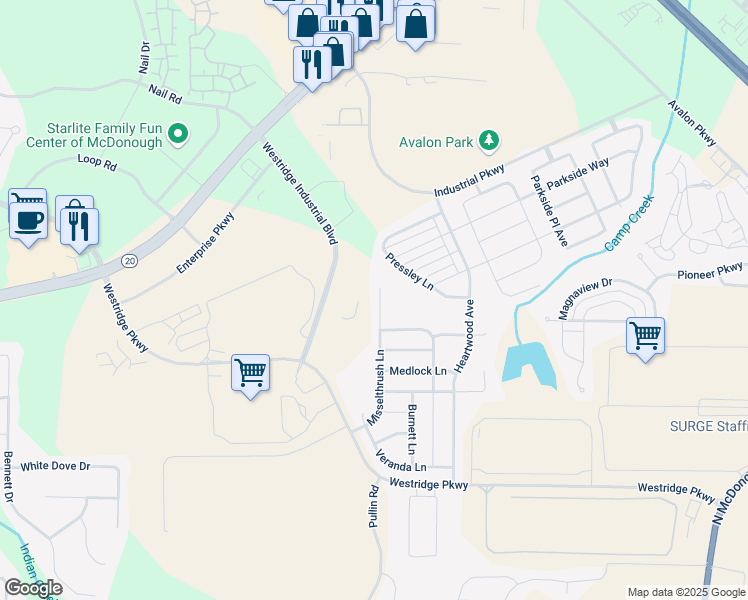 map of restaurants, bars, coffee shops, grocery stores, and more near 1749 Misselthrush Lane in McDonough