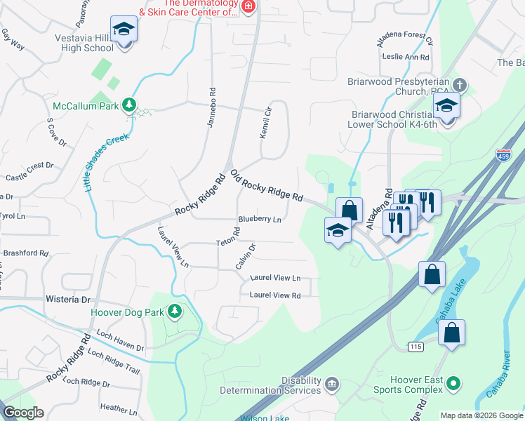 map of restaurants, bars, coffee shops, grocery stores, and more near 3440 Blueberry Lane in Birmingham