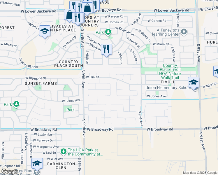 map of restaurants, bars, coffee shops, grocery stores, and more near 3825 South 99th Avenue in Tolleson