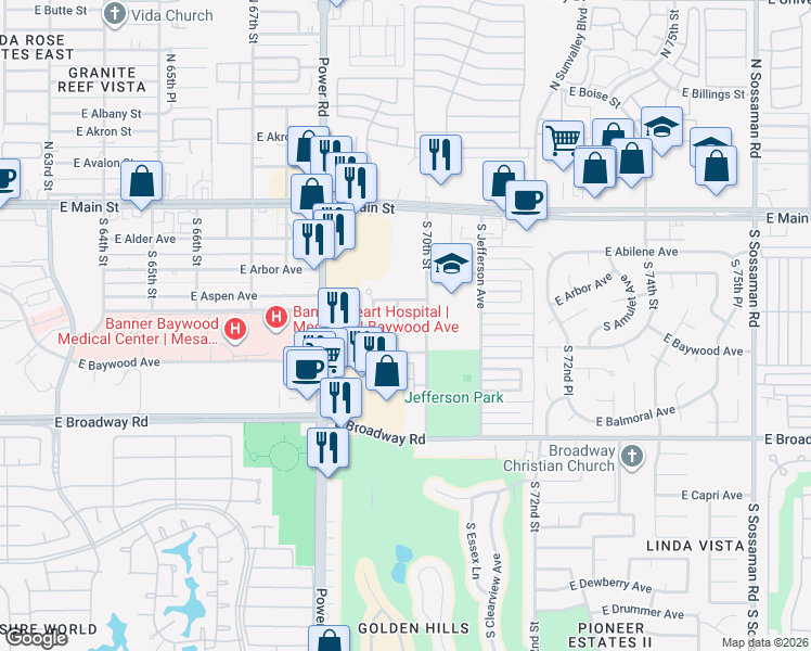 map of restaurants, bars, coffee shops, grocery stores, and more near 215 South Power Road Medical Center in Mesa