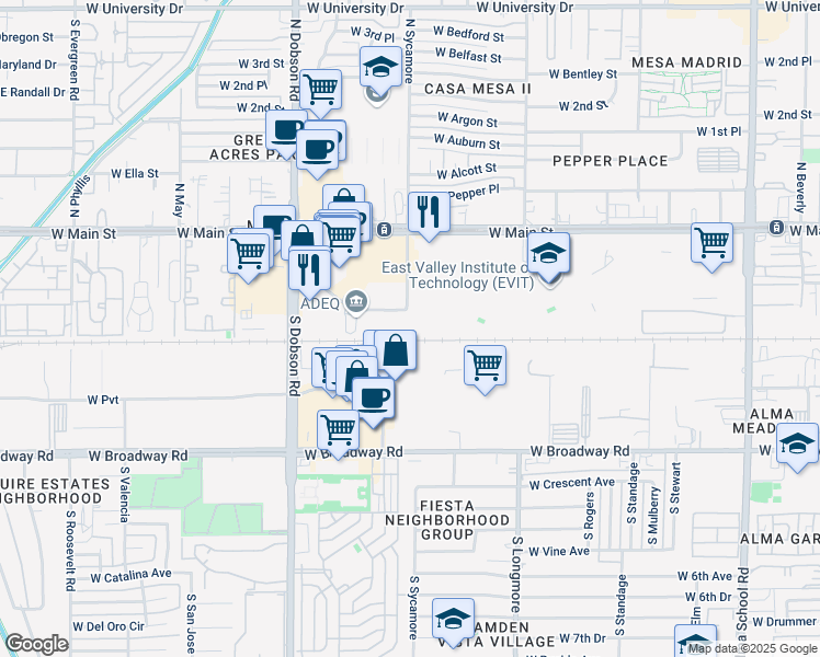 map of restaurants, bars, coffee shops, grocery stores, and more near 1815 West 1st Avenue in Mesa
