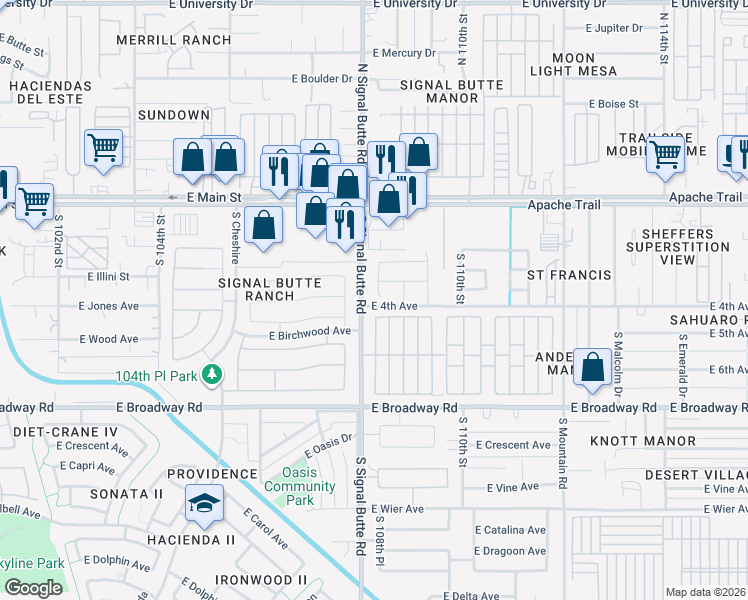 map of restaurants, bars, coffee shops, grocery stores, and more near 162 South Hassett Circle in Mesa