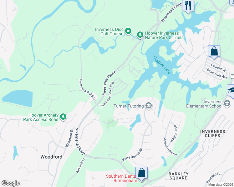 map of restaurants, bars, coffee shops, grocery stores, and more near 1361 Inverness Cove Drive in Birmingham